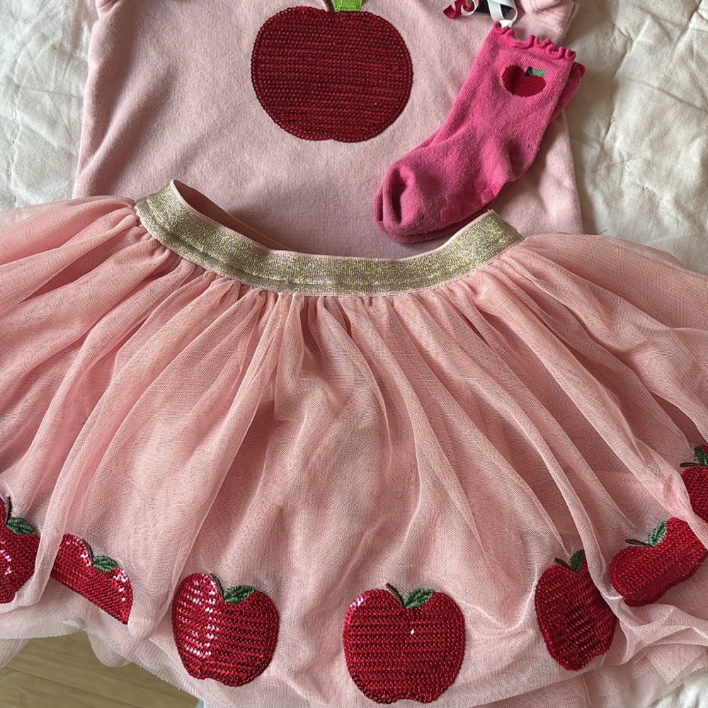Pink Apple Themed Dress with Tulle Skirt